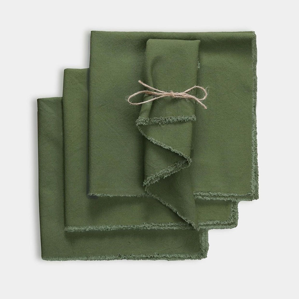 Frayed Cotton Cloth Dinner Napkin Set of 4 | Fringe Table Linen Napkins Rustic Farmhouse Soft Durable Fabric – Ideal for Wedding Parties Farmhouse & Kitchen Decor 18x18 Inch – Olive Green
