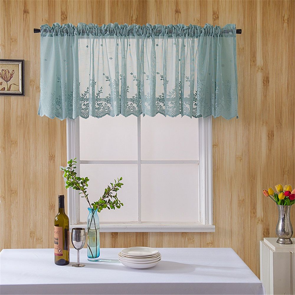 Blue Sheer Valance Curtain for Windows, Rustic Floral Muted Green Window Lace Curtain , Rod Pocket Light Filtering Valance,  (Blue,137*61cm)
