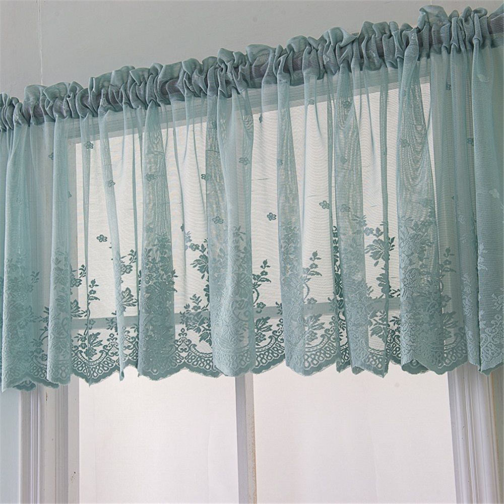 Blue Sheer Valance Curtain for Windows, Rustic Floral Muted Green Window Lace Curtain , Rod Pocket Light Filtering Valance,  (Blue,137*61cm)