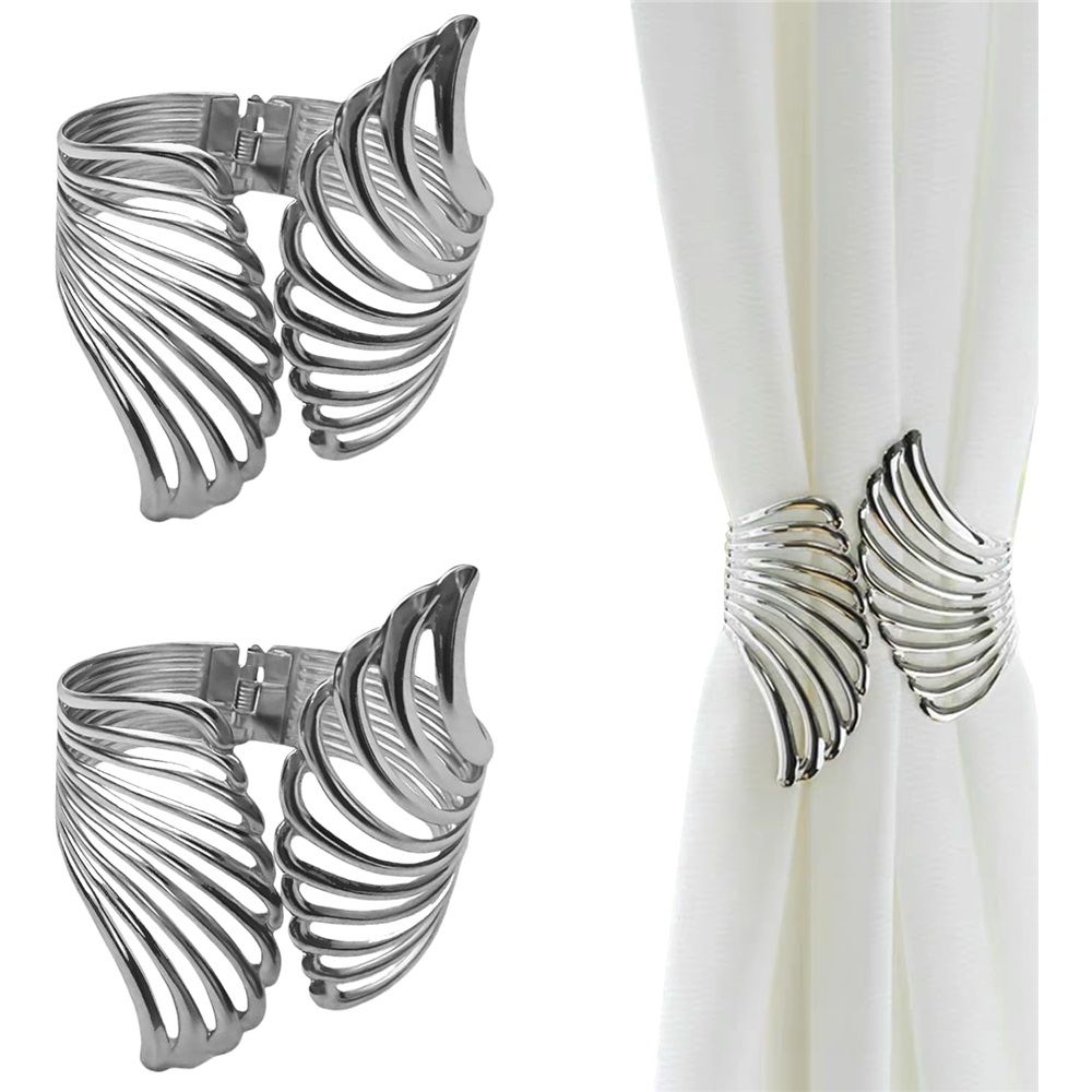 Decorative Curtain Tiebacks, Set of 2, Shiny Metal Spring Drapery Holdbacks No Install Elastic Curtain Hooks, for Home, Office, Bedroom Drapes Window Decoration (Silver)