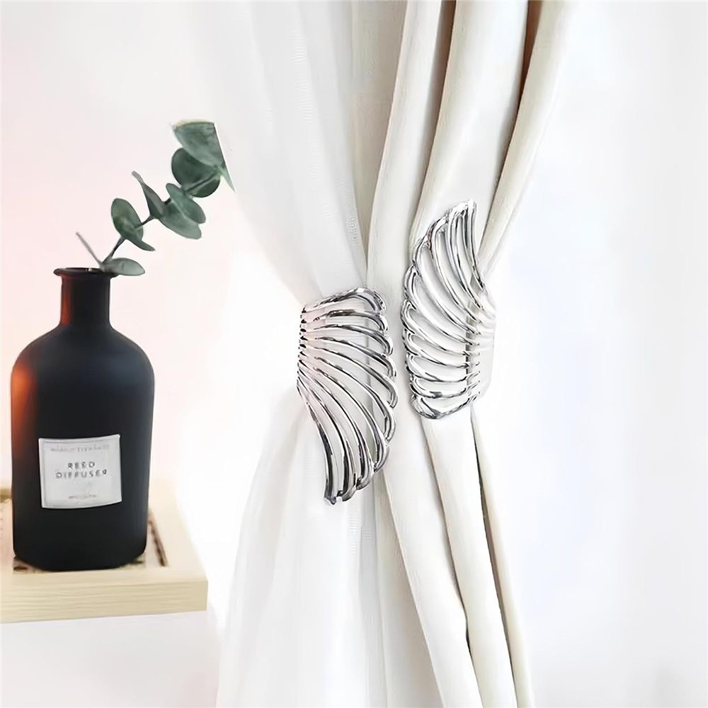 Decorative Curtain Tiebacks, Set of 2, Shiny Metal Spring Drapery Holdbacks No Install Elastic Curtain Hooks, for Home, Office, Bedroom Drapes Window Decoration (Silver)