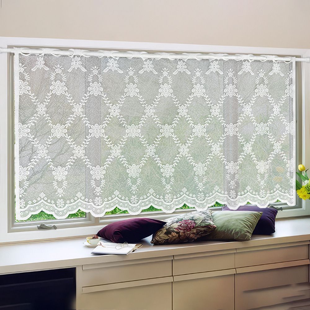 Small fresh white flower short curtain kitchen living room lace polyester mesh semi curtain non perforated curtain decoration (White 60X140cm)
