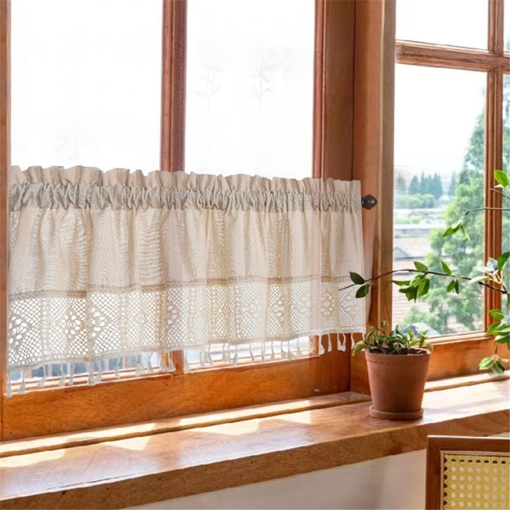 Linen Valances for Windows,Boho Tassel Kitchen Valances for Windows,Country Rustic Window Treatments Tier Curtain for Bathroom Bedroom Decors Farmhouse ,74*61cm