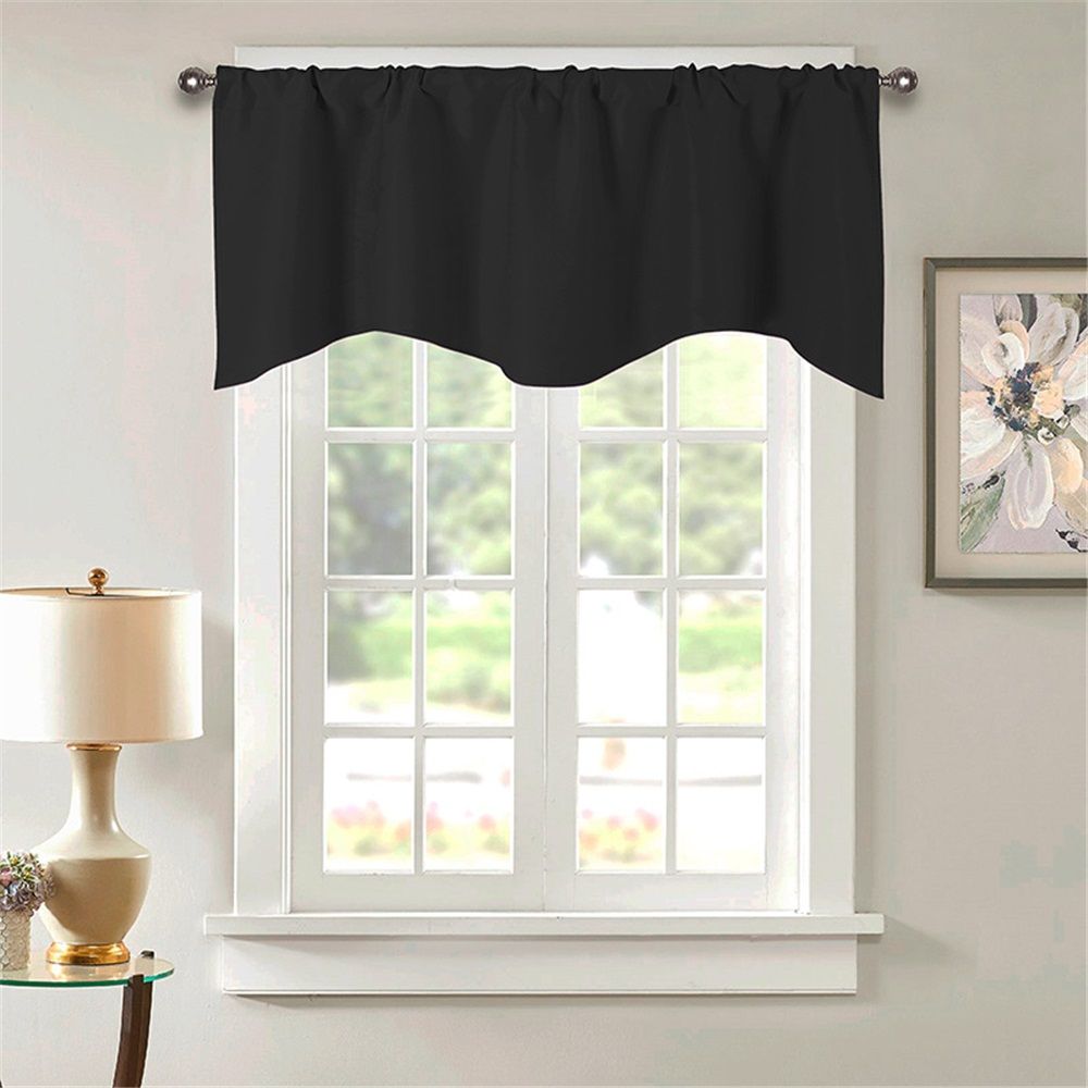 vctops Solid Blackout Curtain  for Kitchen/Bedroom Rod Pocket Scalloped Valance Short Curtain Panels (132*46cm,Black)