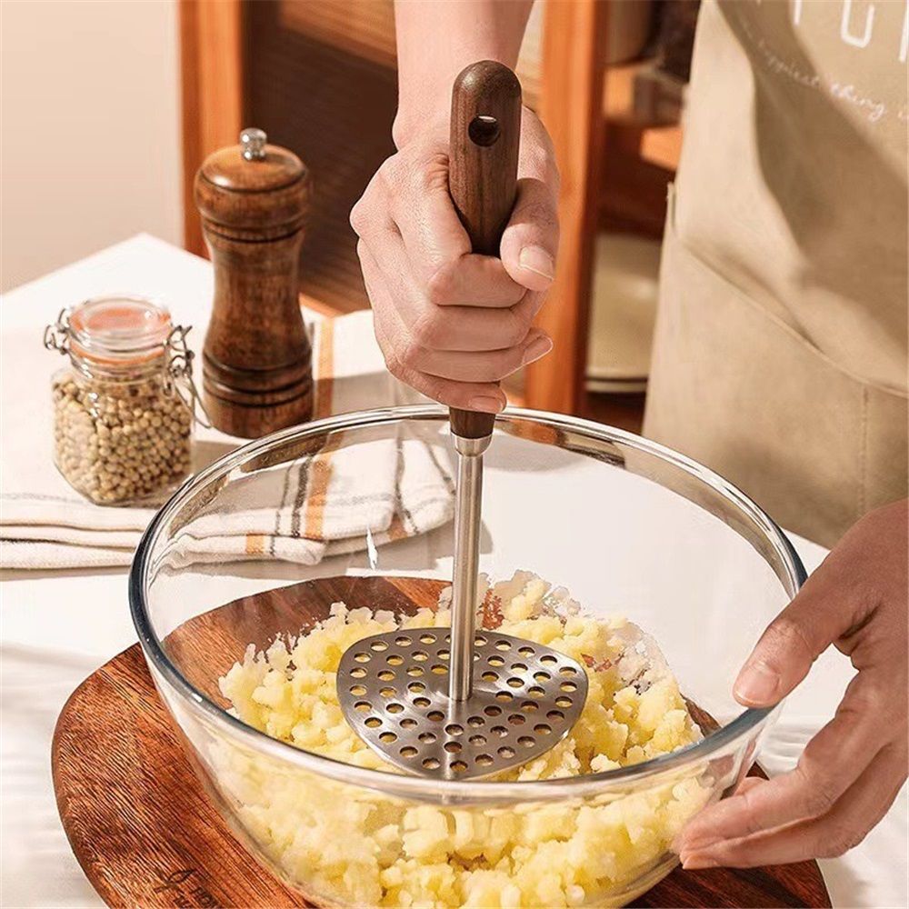 304 Stainless Steel Potato Masher, Heavy Duty Masher with Ergonomic Wood Handle, for Smooth Mashed Potatoes, Baby Food