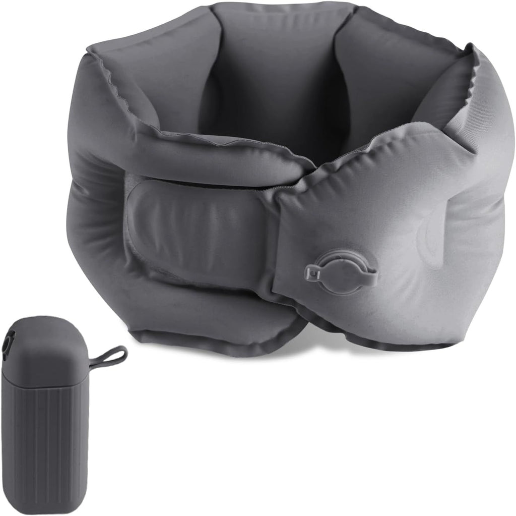 Inflatable Travel Neck Pillow, U-Shape, Dark Gray Nylon, Portable for Airplane, Train, Car, Office Use, Adult Size