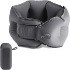 Inflatable Travel Neck Pillow, U-Shape, Dark Gray Nylon, Portable for Airplane, Train, Car, Office Use, Adult Size