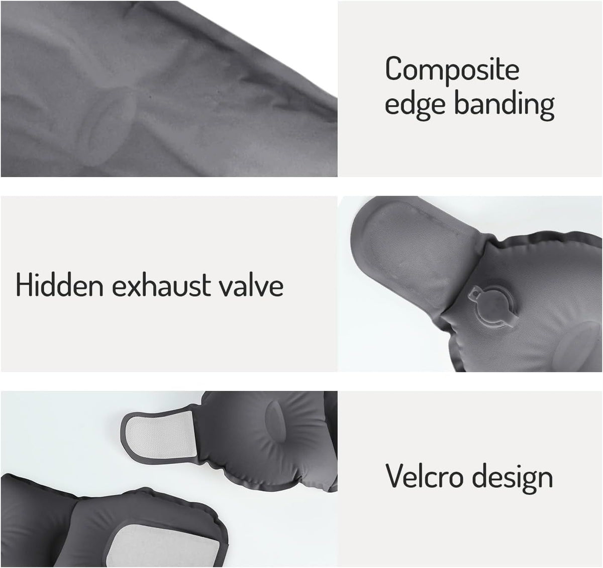 Inflatable Travel Neck Pillow, U-Shape, Dark Gray Nylon, Portable for Airplane, Train, Car, Office Use, Adult Size