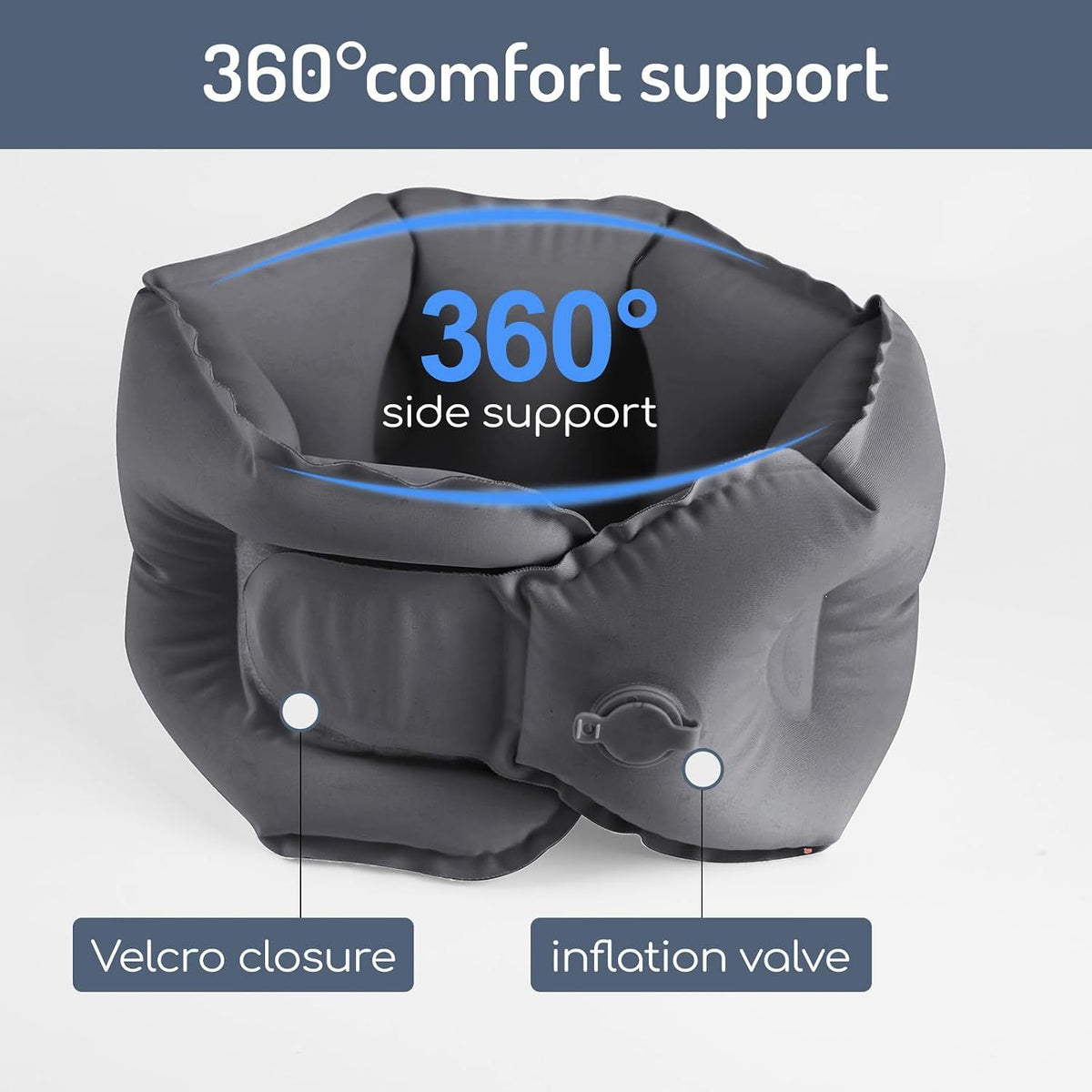 Inflatable Travel Neck Pillow, U-Shape, Dark Gray Nylon, Portable for Airplane, Train, Car, Office Use, Adult Size