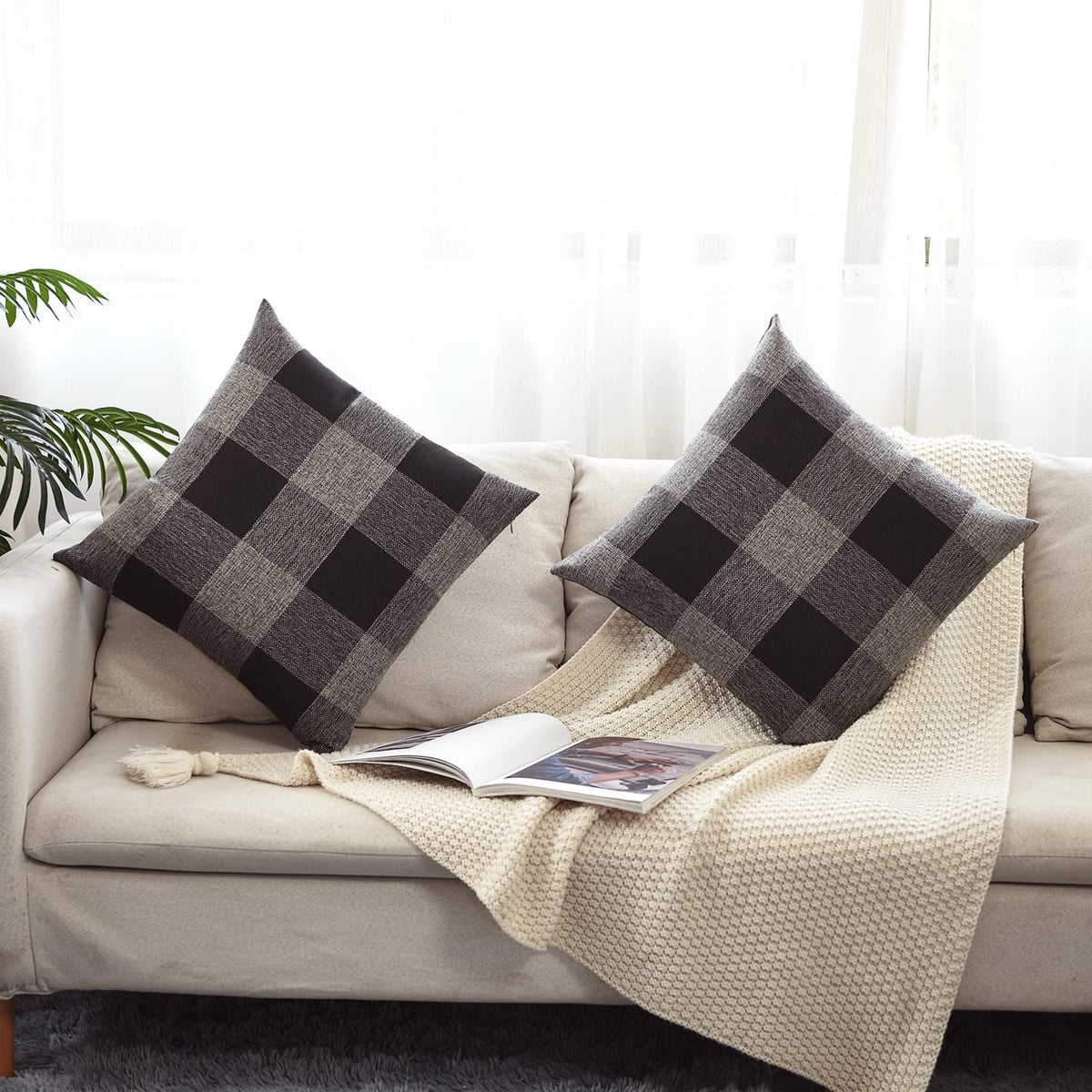 Set of 2 Buffalo Check Plaid Pillow Covers Farmhouse Rustic Pillow Cases, Cotton Linen Throw Pillow Covers Cushion Case for Home