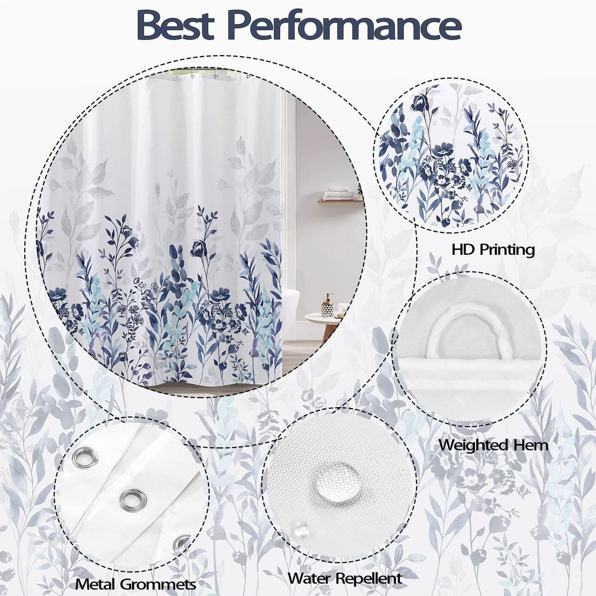 Fabric Shower Curtain,Japanese Style Flowers Shower Curtain Liner, Polyester Bathroom Curtain with 12 Hooks,72 x 72 inch