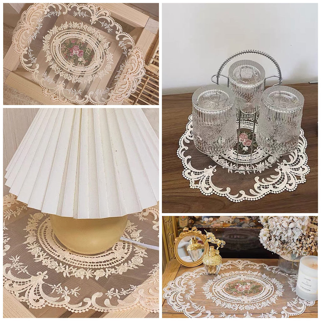 1 PACK Retro French Style Lace Placemats Fashionable Embroidered Cup Mat vase mat 12”x16”Meal mats and coasters (Beige)