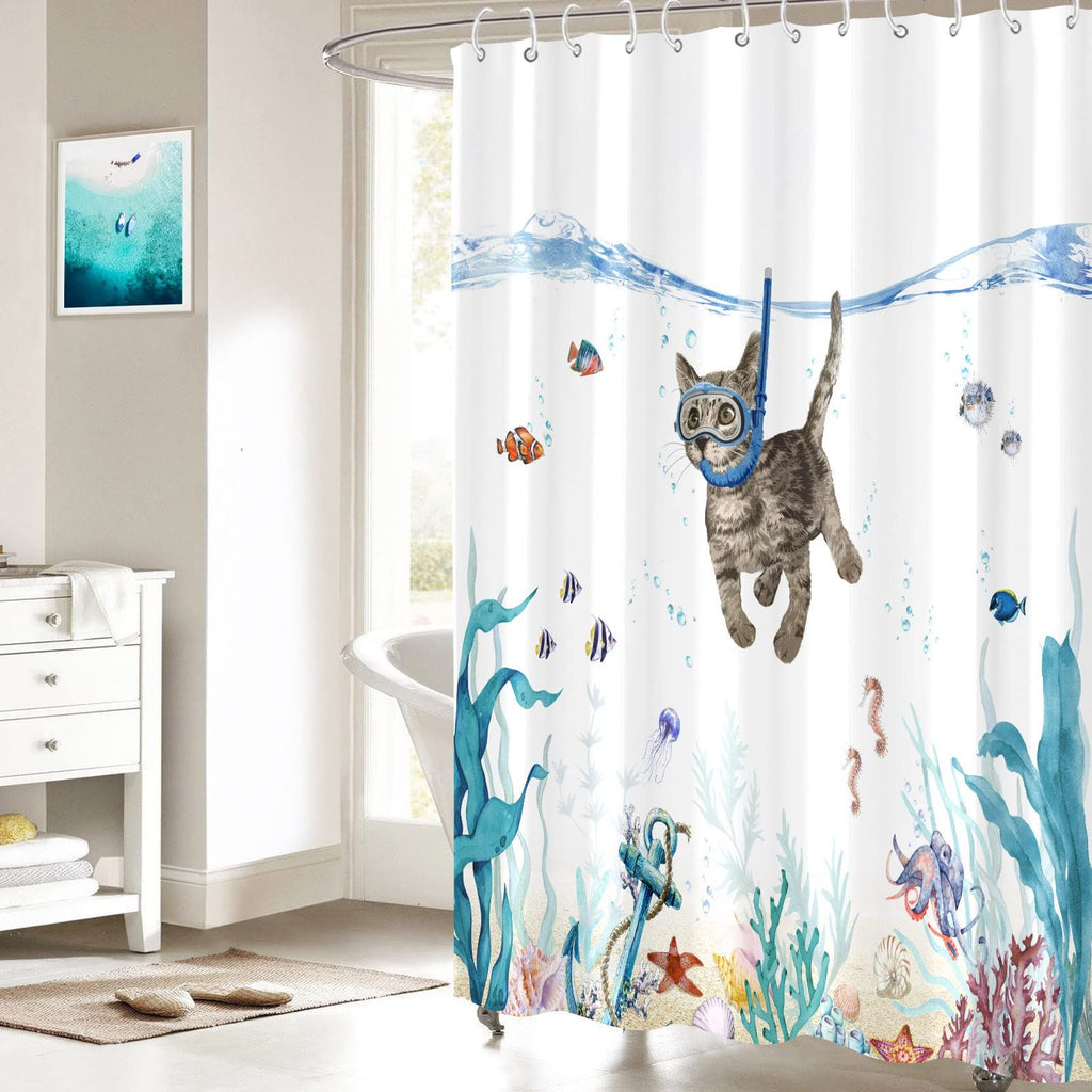 Funny Cat Shower Curtain Teal Blue Sea Ocean Waterproof Fabric Shower Curtains for Bathroom with Animal Octopus Starfish (cat)