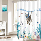 Funny Cat Shower Curtain Teal Blue Sea Ocean Waterproof Fabric Shower Curtains for Bathroom with Animal Octopus Starfish (cat)