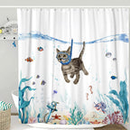 Funny Cat Shower Curtain Teal Blue Sea Ocean Waterproof Fabric Shower Curtains for Bathroom with Animal Octopus Starfish (cat)