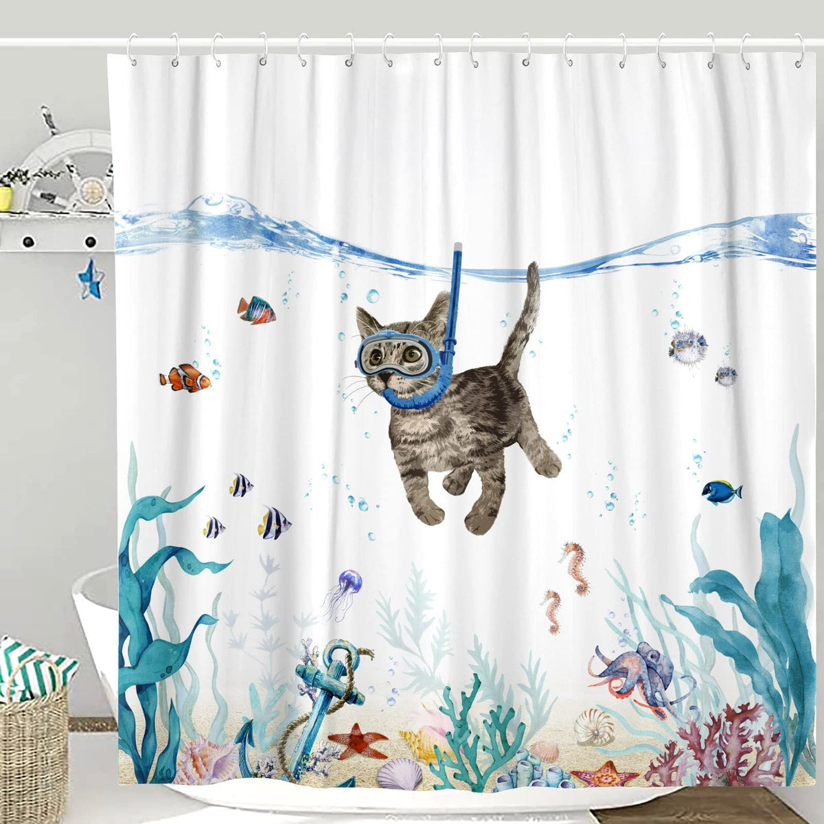 Funny Cat Shower Curtain Teal Blue Sea Ocean Waterproof Fabric Shower Curtains for Bathroom with Animal Octopus Starfish (cat)