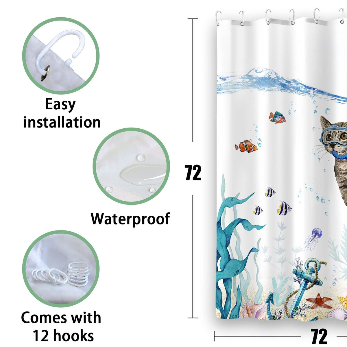 Funny Cat Shower Curtain Teal Blue Sea Ocean Waterproof Fabric Shower Curtains for Bathroom with Animal Octopus Starfish (cat)