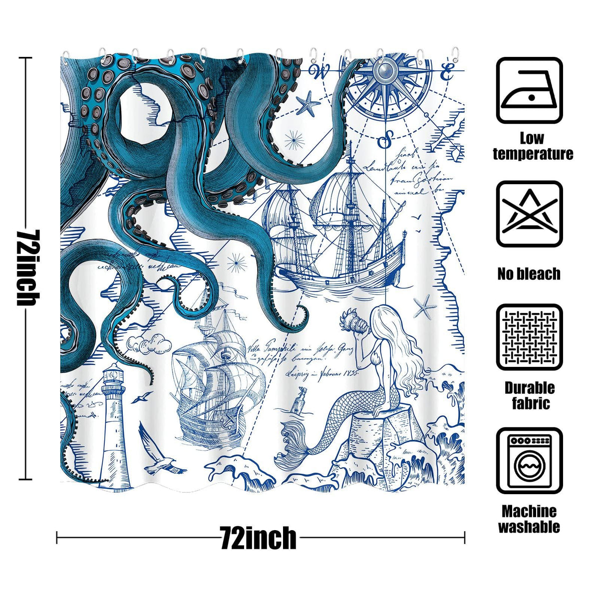 Blue Nautical Octopus Shower Curtain Navy Mermaid Funny Ocean Kraken Shower Curtains for Bathroom Cool Anchor  (Blue, 72” x 72”)