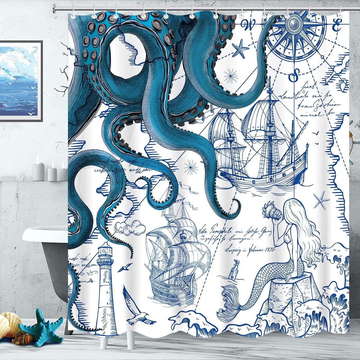 Blue Nautical Octopus Shower Curtain Navy Mermaid Funny Ocean Kraken Shower Curtains for Bathroom Cool Anchor  (Blue, 72” x 72”)