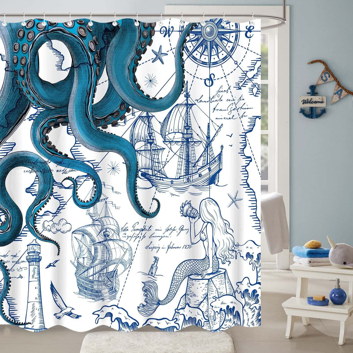 Blue Nautical Octopus Shower Curtain Navy Mermaid Funny Ocean Kraken Shower Curtains for Bathroom Cool Anchor  (Blue, 72” x 72”)