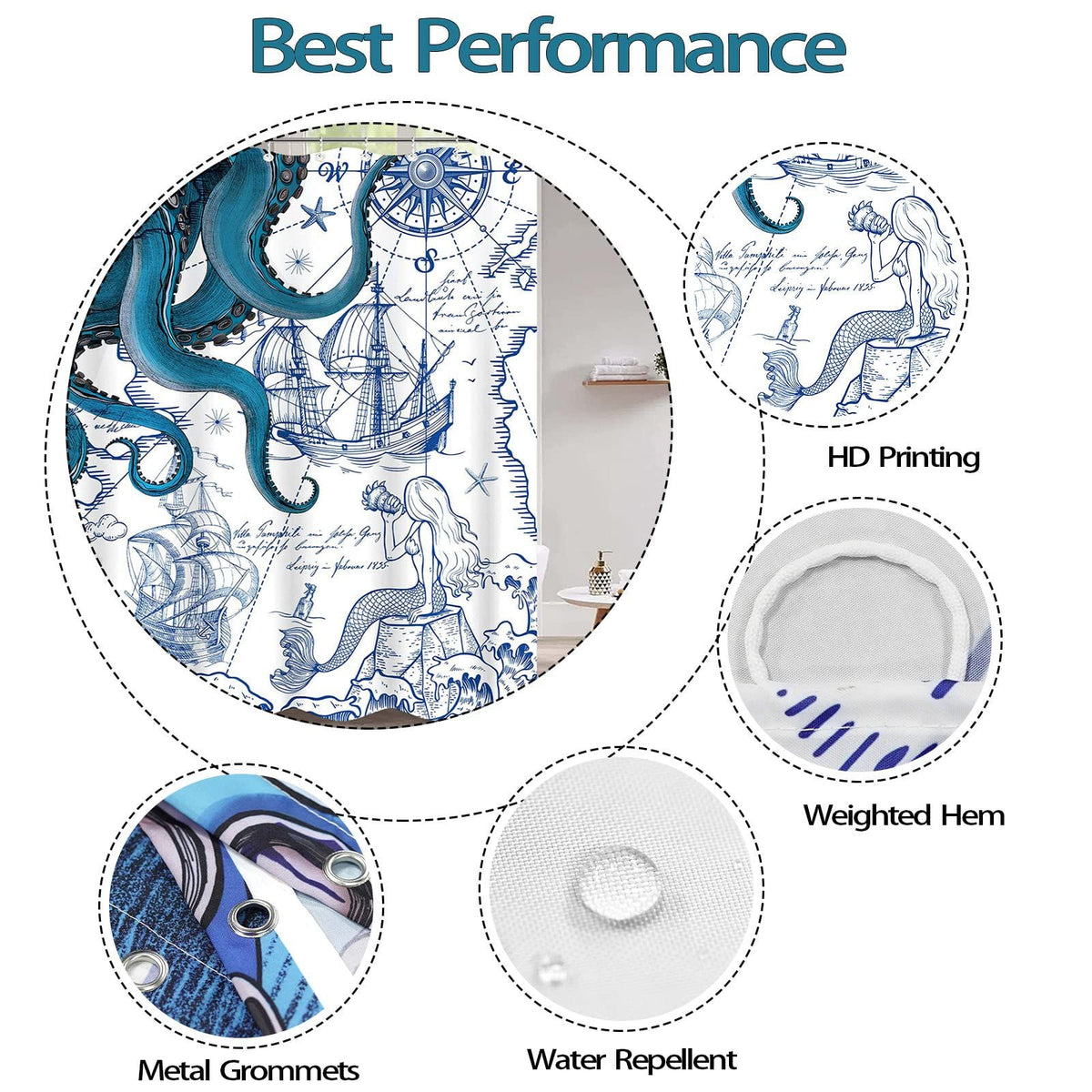 Blue Nautical Octopus Shower Curtain Navy Mermaid Funny Ocean Kraken Shower Curtains for Bathroom Cool Anchor  (Blue, 72” x 72”)
