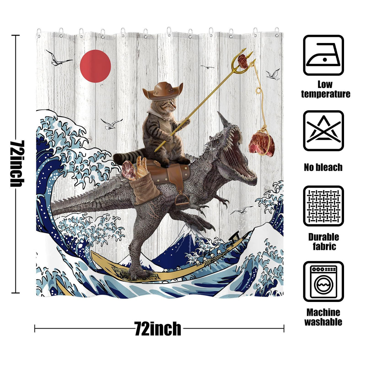 Funny Cat Dinosaur Shower Curtain Fun Cool Cat Japanese Ocean Wave Waterproof Fabric Shower Curtains  (72''×72'', Brown)