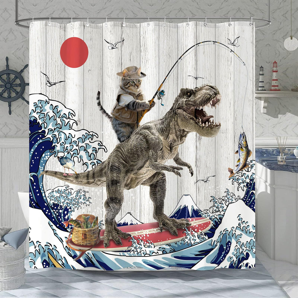 Funny Cat Dinosaur Shower Curtain Fun Cool Cat Japanese Ocean Wave Waterproof Fabric Shower Curtains  (72''×72'', Brown)