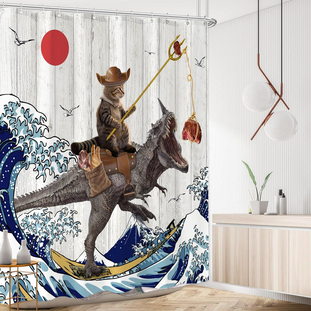 Funny Cat Dinosaur Shower Curtain Fun Cool Cat Japanese Ocean Wave Waterproof Fabric Shower Curtains  (72''×72'', Brown)
