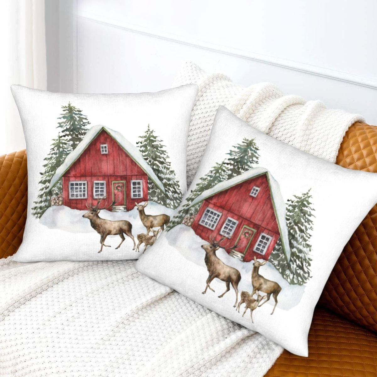 Christmas Tree Deer Farm Barn Pillow Covers 18"x18" Set of 2 Decorative Throw Pillow Covers Soft Pillow Protector Modern Home Decor