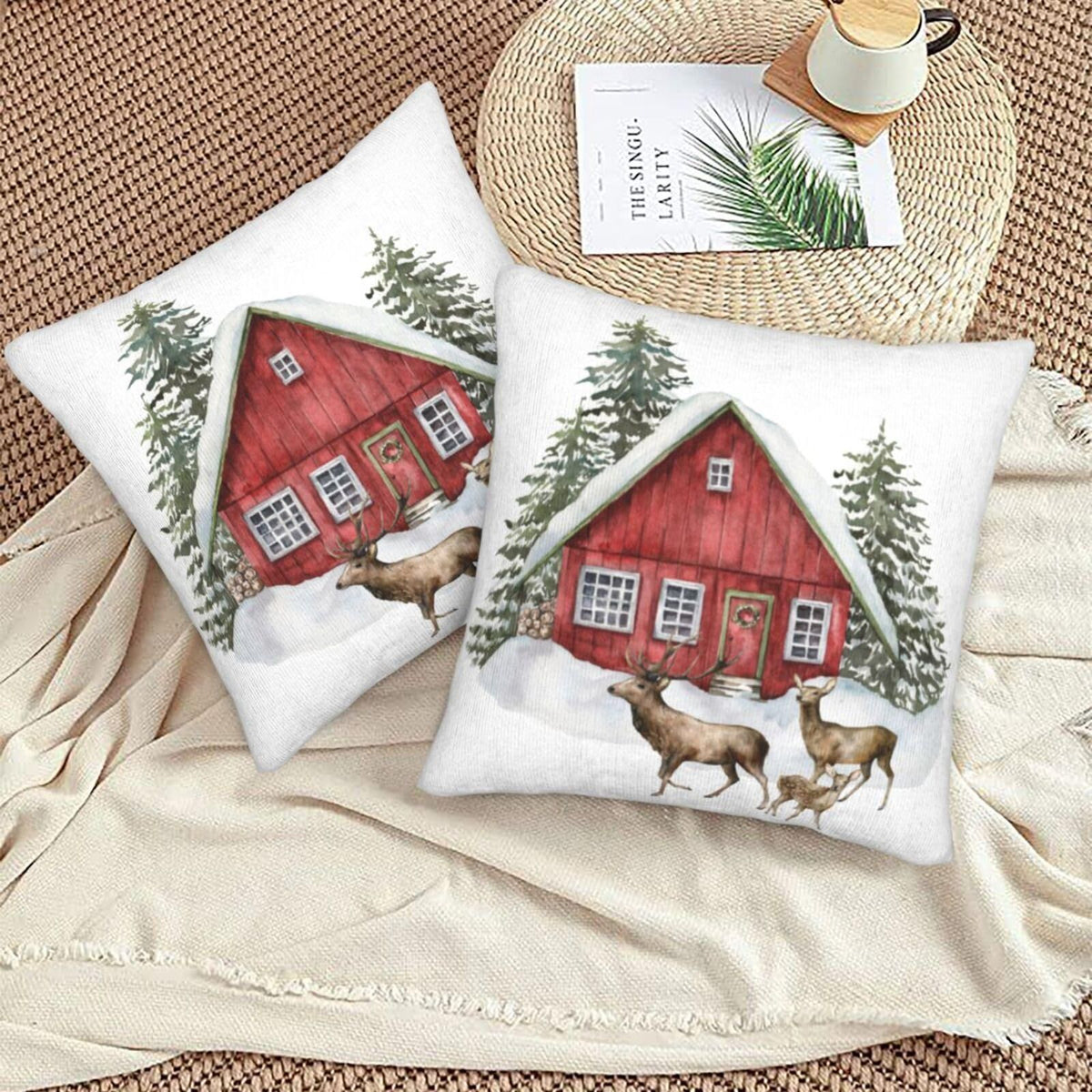 Christmas Tree Deer Farm Barn Pillow Covers 18"x18" Set of 2 Decorative Throw Pillow Covers Soft Pillow Protector Modern Home Decor