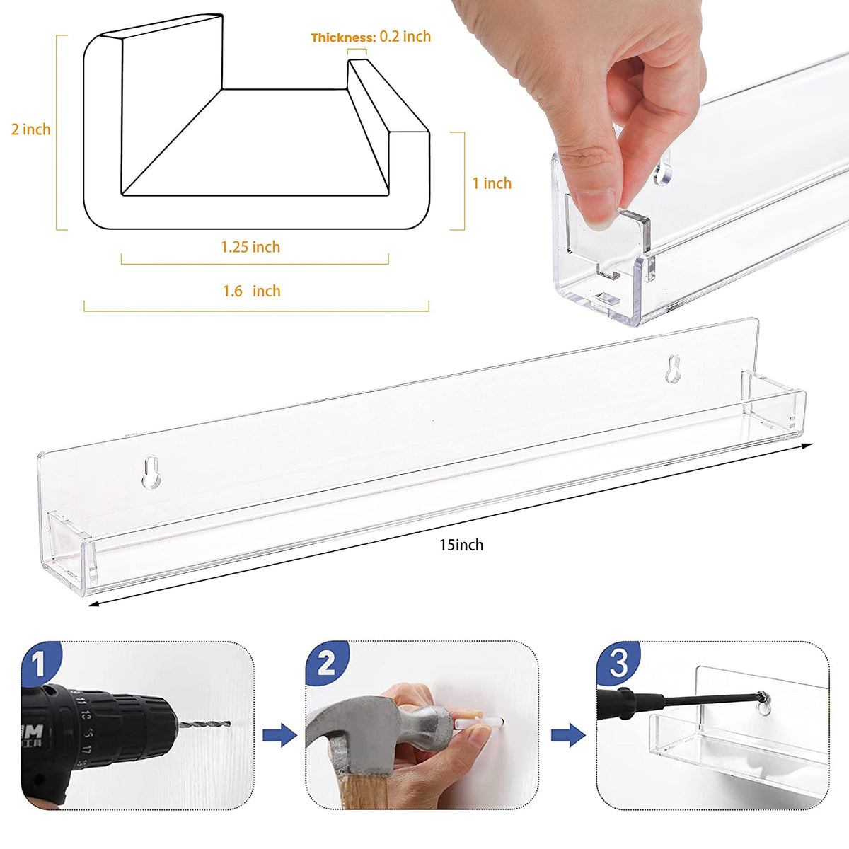 6 Pack Invisible Acrylic Floating Bookshelf for Kids Room,15 inch Clear Nail Polish Rack Wall Mounted,Small Toy Storage Wall Shelf