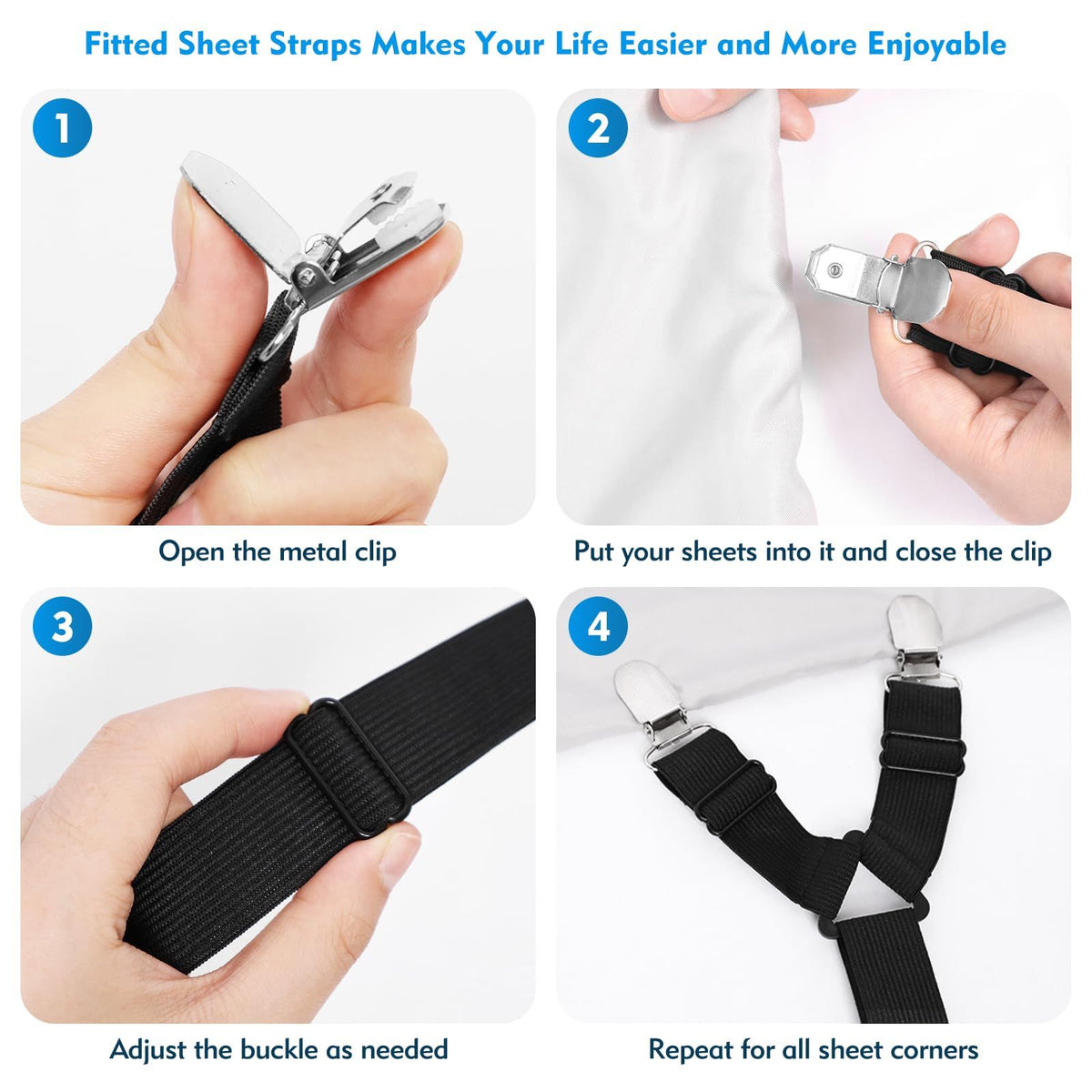 Bed Sheet Straps, 2Pcs Elastic Adjustable Bed Sheet Holder Straps, Fitted Sheet Straps to Hold Sheets in Place (Black)