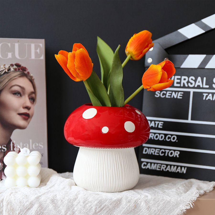 Mushroom Vase Home Decor, Exquisite Red Ceramic Vase, Cute Mushroom Decoration, Girl's Room Decor, Idea Flower Vases for Bouquet