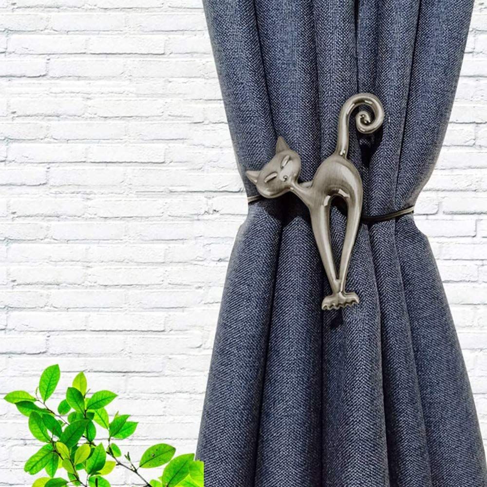 2 Pcs Magnetic Curtain Tiebacks, Holdback Strong Magnet Curtain Clips Rope No Drilling Curtain Holder Buckle (Cat Style)