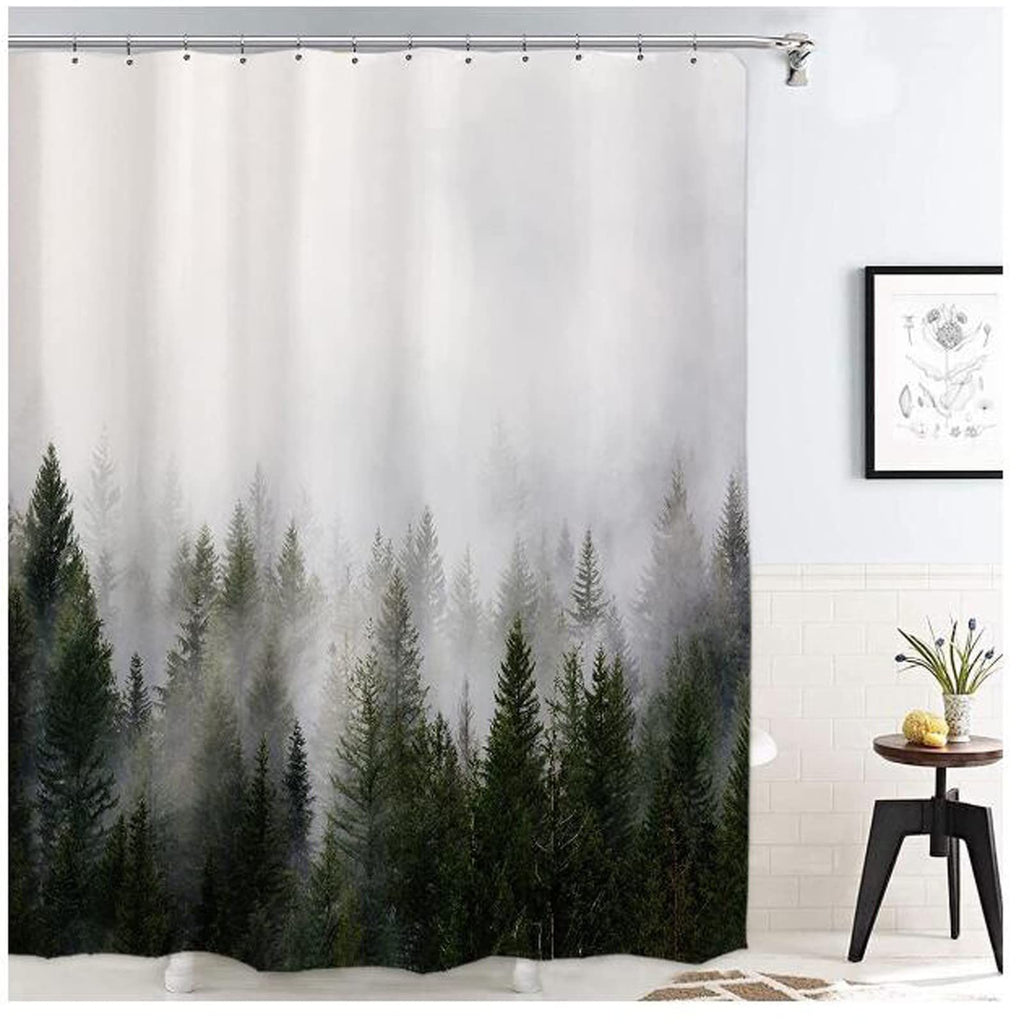 Shower curtain popular, dense fog forest, distant mountains,  digital printing, multi specification decorative curtain