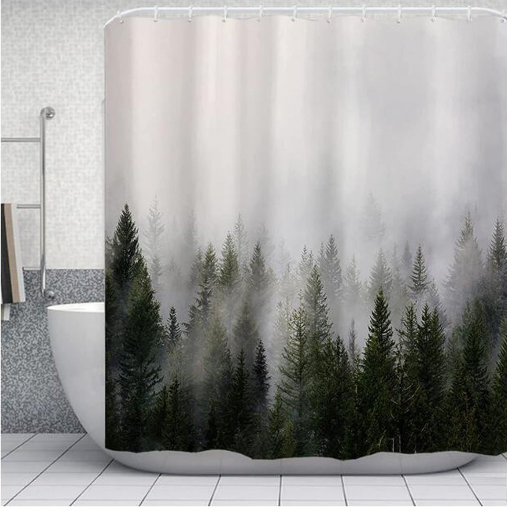 Shower curtain popular, dense fog forest, distant mountains,  digital printing, multi specification decorative curtain
