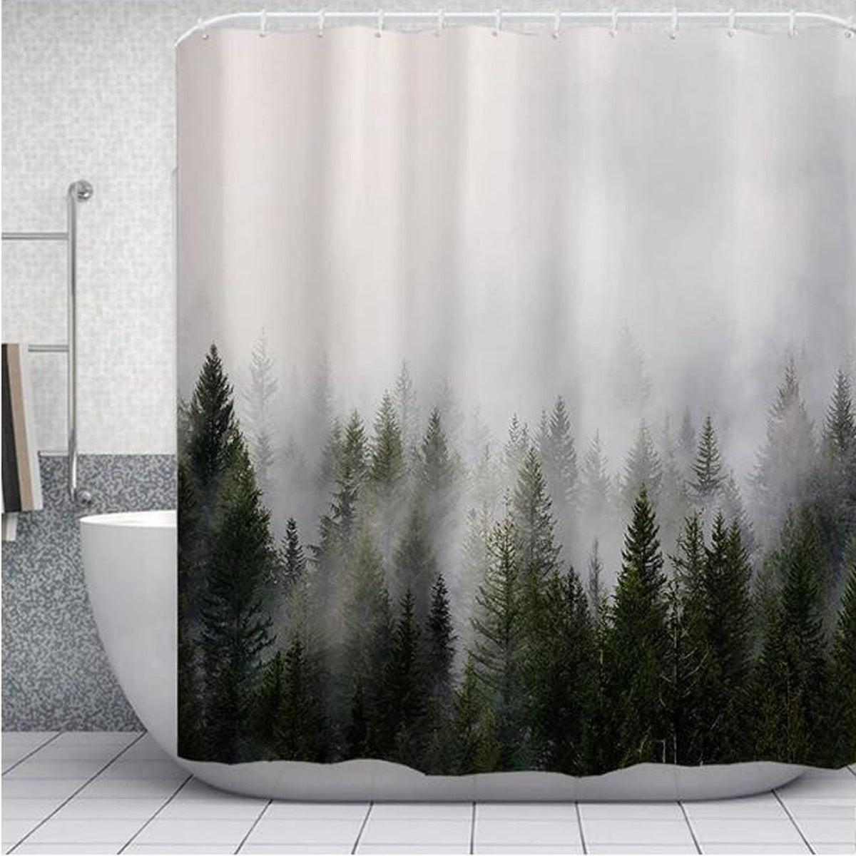 Shower curtain popular, dense fog forest, distant mountains,  digital printing, multi specification decorative curtain