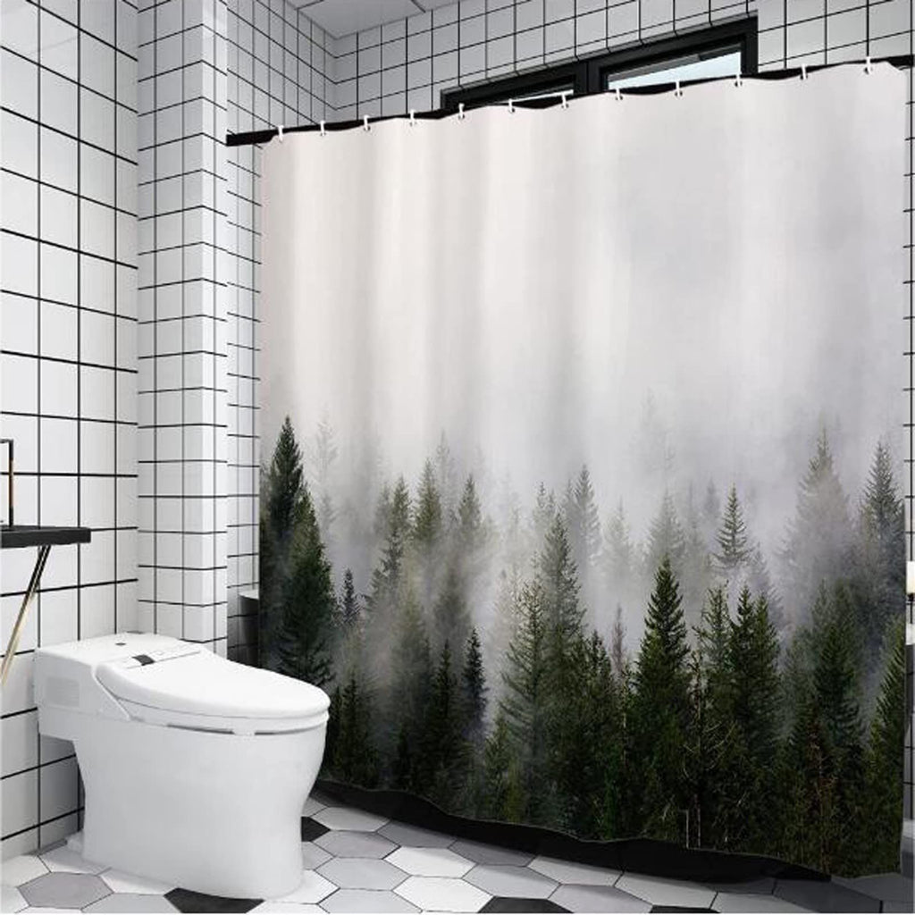 Shower curtain popular, dense fog forest, distant mountains,  digital printing, multi specification decorative curtain