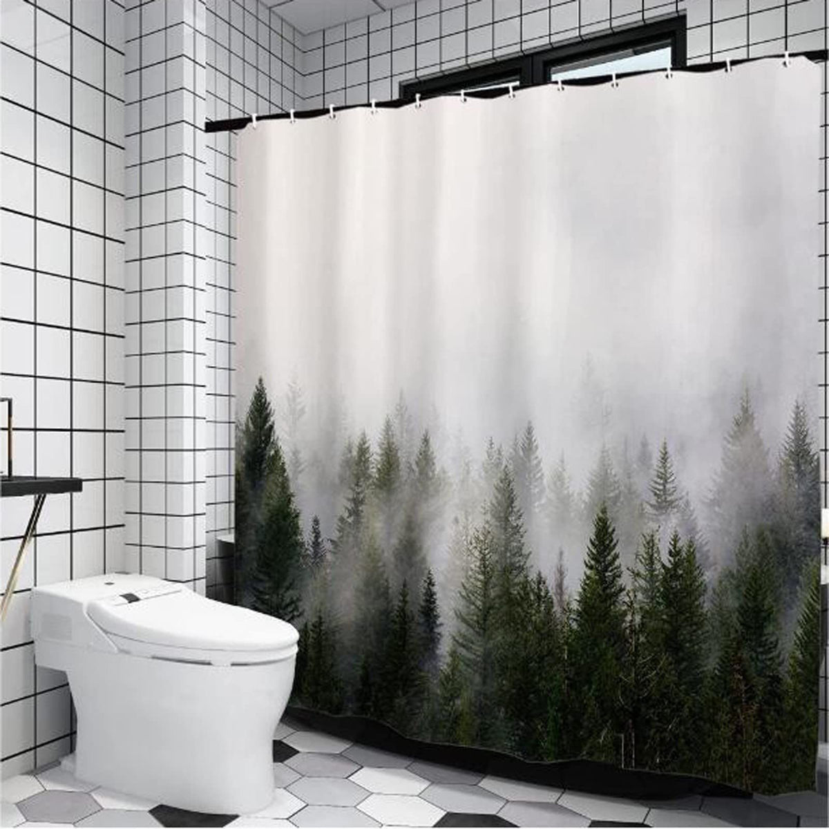 Shower curtain popular, dense fog forest, distant mountains,  digital printing, multi specification decorative curtain
