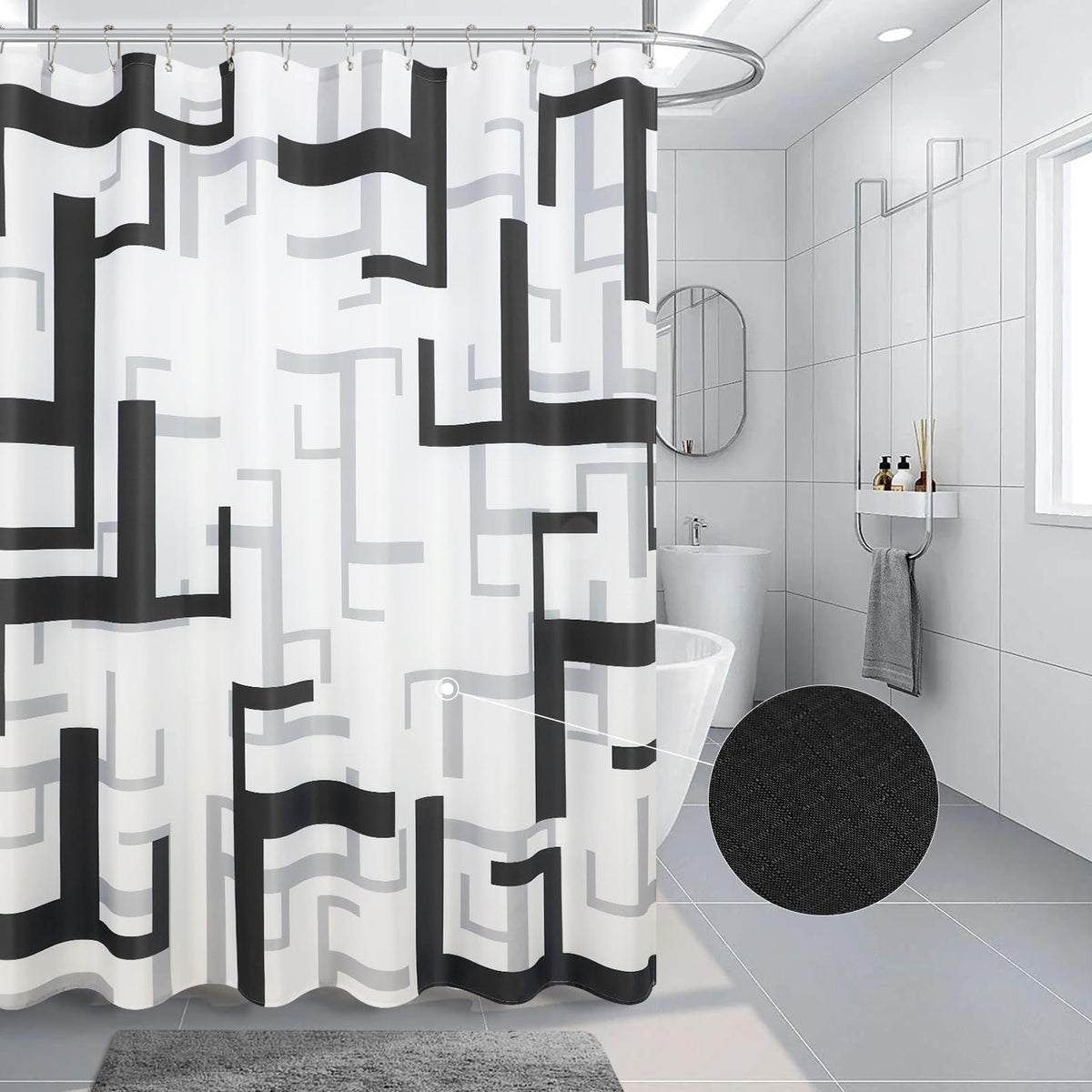 Bathroom with black and gray shower curtains, simple modern shower curtains, waterproof fabric for hydrotherapy