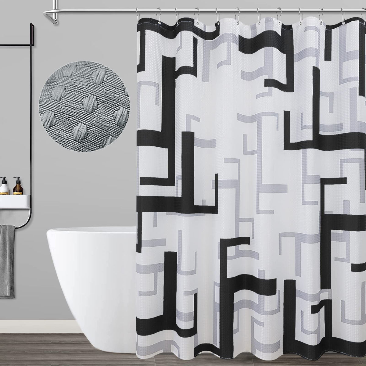 Bathroom with black and gray shower curtains, simple modern shower curtains, waterproof fabric for hydrotherapy