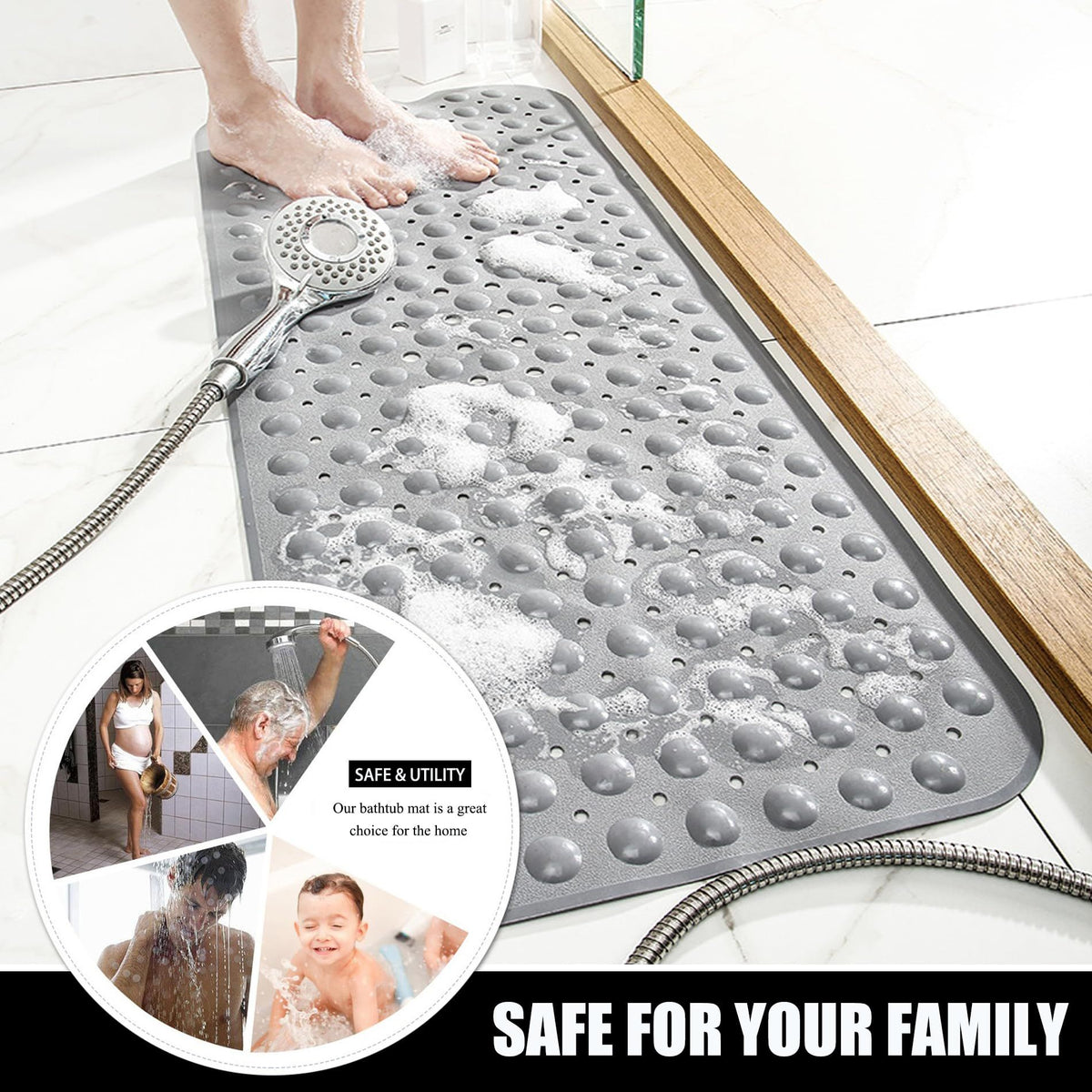 Machine Washable Shower Mats with Suction Cups and Drain Holes, Bath Tub Mats for Bathroom Non Slip, Grey