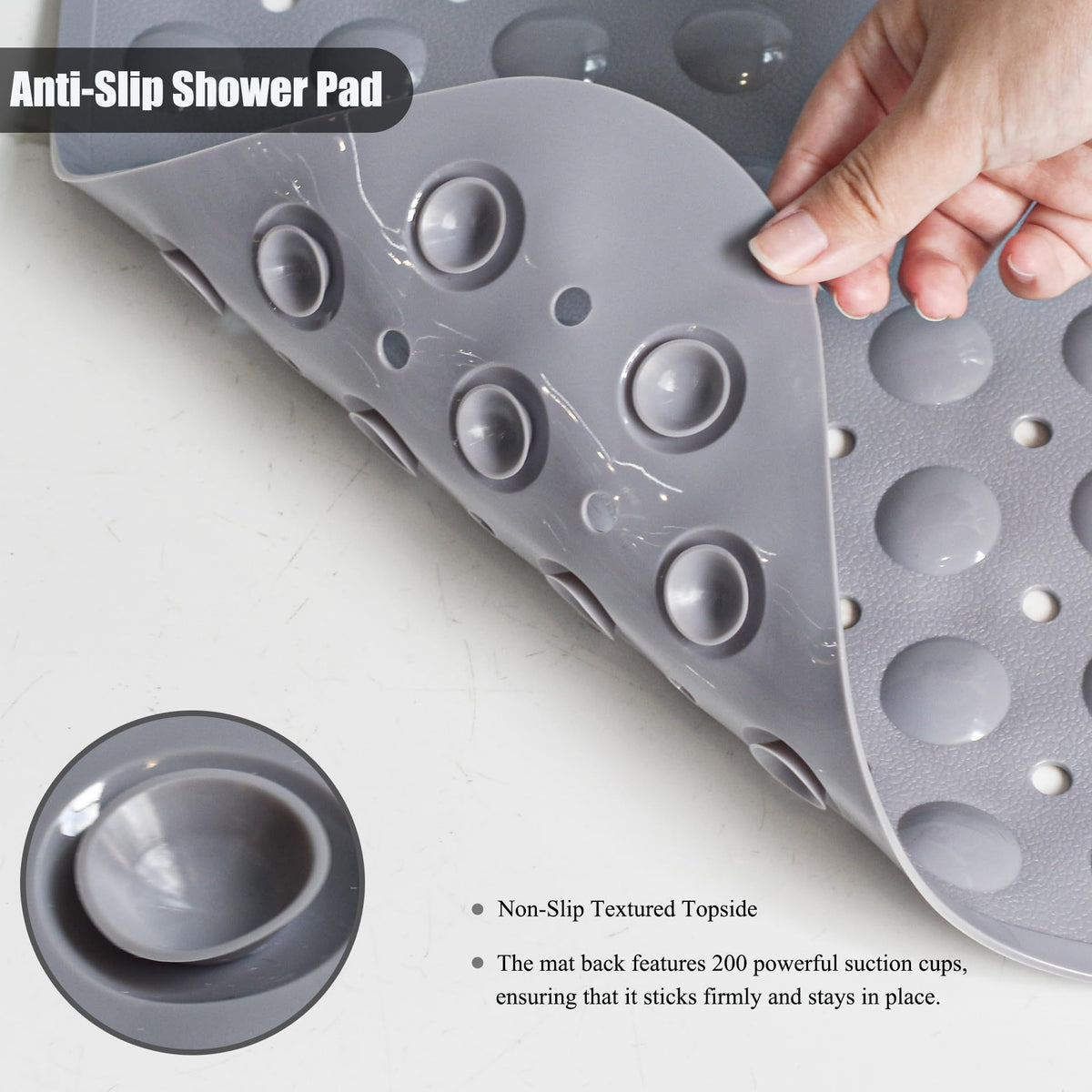 Machine Washable Shower Mats with Suction Cups and Drain Holes, Bath Tub Mats for Bathroom Non Slip, Grey
