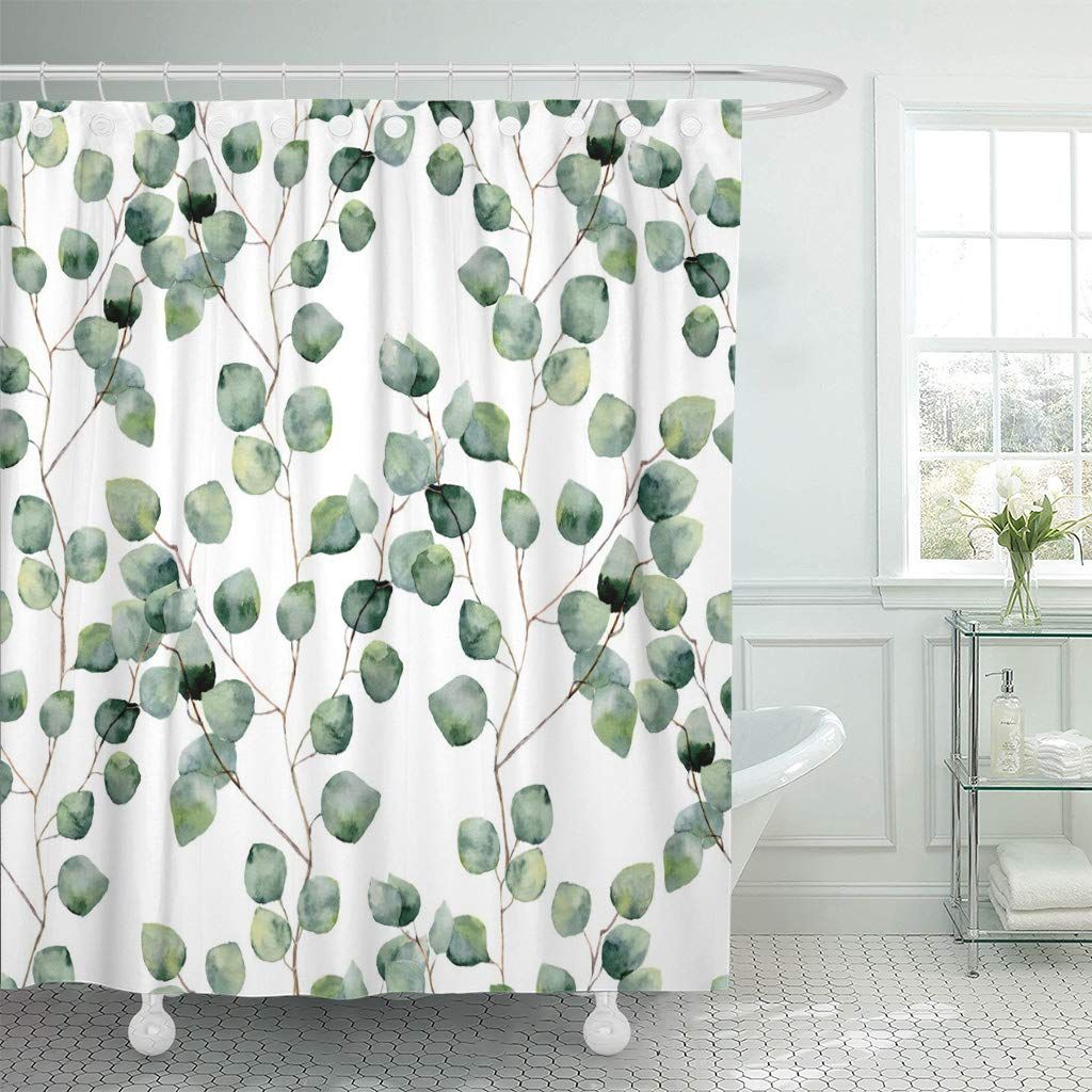 Shower Curtain Watercolor Green Floral Eucalyptus Round Leaves Pattern Branches Home Bathroom Decor Polyester Fabric 180x180cm