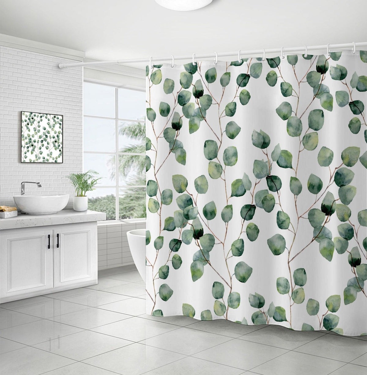 Shower Curtain Watercolor Green Floral Eucalyptus Round Leaves Pattern Branches Home Bathroom Decor Polyester Fabric 180x180cm
