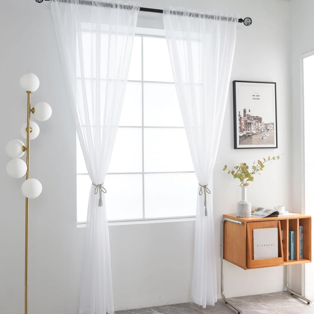 Rod Pocket Sheer Voile Window Curtain Panels White Long for Kitchen Bedroom Children Living Room Yard(White,52 W x 84 L)
