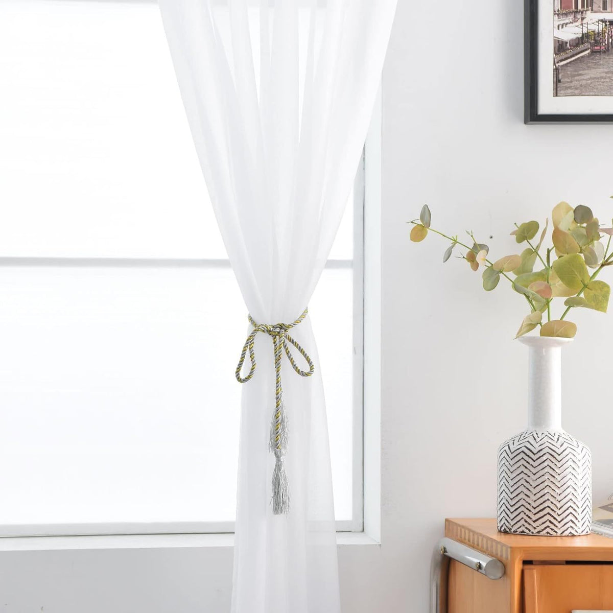 Rod Pocket Sheer Voile Window Curtain Panels White Long for Kitchen Bedroom Children Living Room Yard(White,52 W x 84 L)