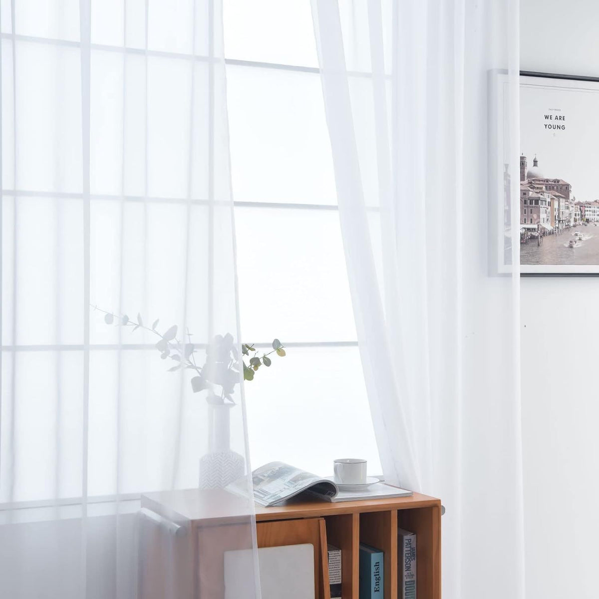Rod Pocket Sheer Voile Window Curtain Panels White Long for Kitchen Bedroom Children Living Room Yard(White,52 W x 84 L)