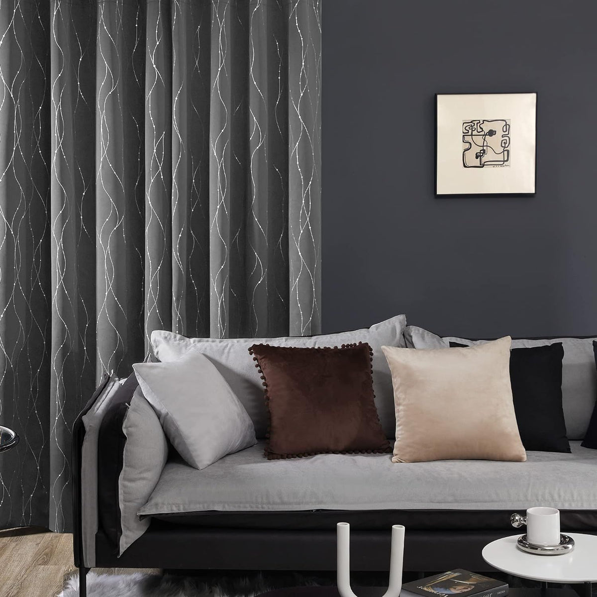 Black Blackout Curtains for Living Room- Grommet Pattern Curtains with Wave Dots and Line (52 x 84 Inch,2 Panels)