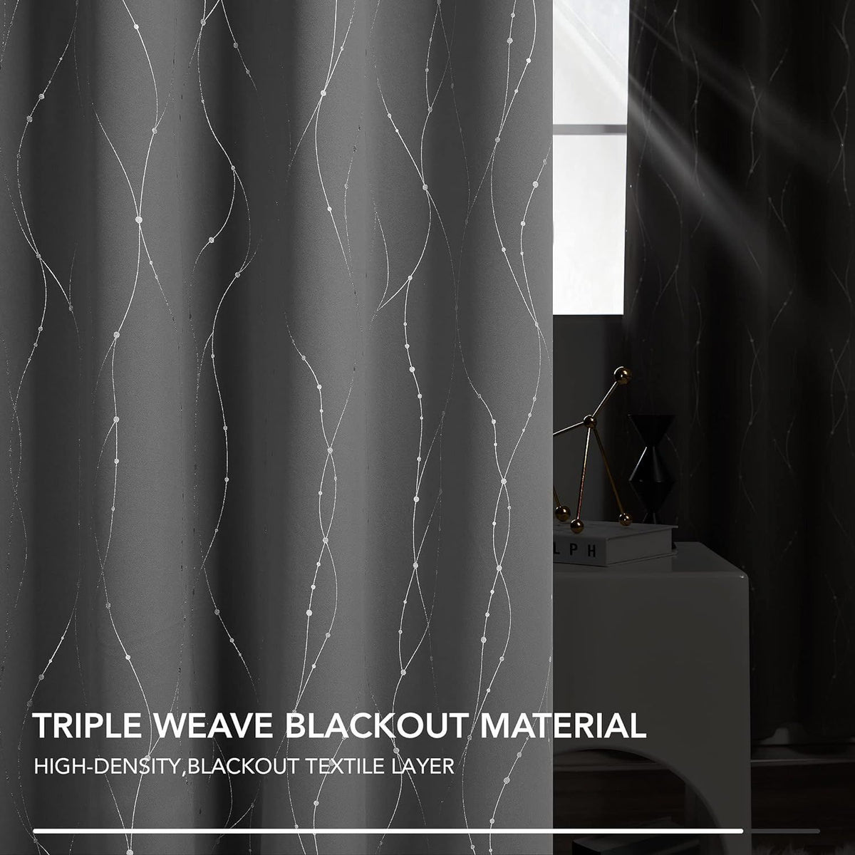 Black Blackout Curtains for Living Room- Grommet Pattern Curtains with Wave Dots and Line (52 x 84 Inch,2 Panels)